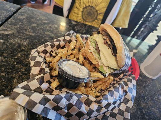 Mushroom bacon Swiss with garlic fries upgrade