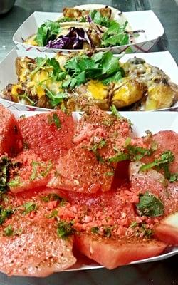 Close up of Watermelon Poprocks, Pulled Pork Fries, Fried Avocado Taco