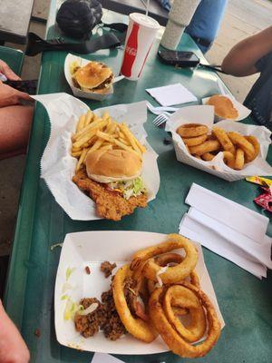 Loose meat sandwich, tenderloin, fries, onion rings