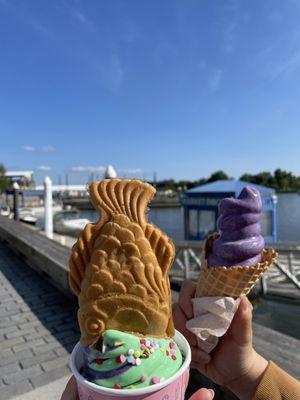 Matcha/ube swirl in cup with taiyaki cone + ube with a waffle cone