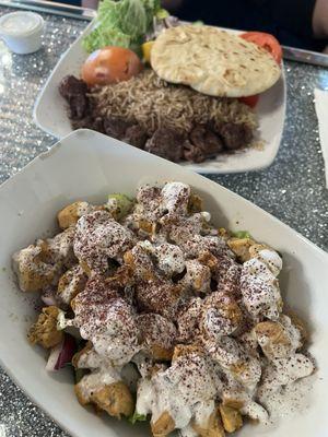 Chicken Gyro Bowl & lamb kabobs plate