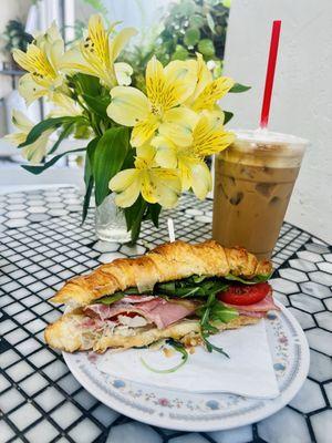 Ham & Cheese Croissant with arugula and tomato & Large Iced Cappuccino