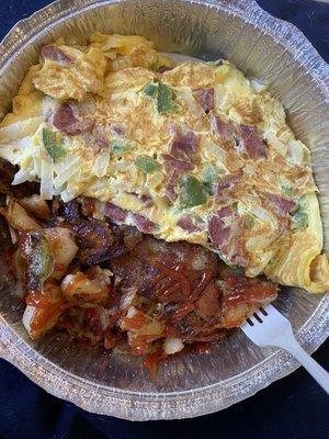 Plain 3 Egg Omelettes w/ ham, american, peppers, and onion