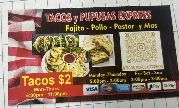 Tacos, pupusas, quesadilla , tortas, chicken wings ,burger and more