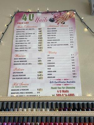 Menu with prices