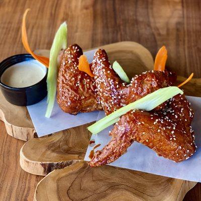 Go Birds!, Dyno-Wings, Sweet Chili Gochujang, House-made Ranch, Crudités.