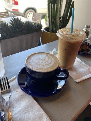 Pistachio latte and butter pecan iced latte