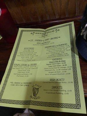 St Paddy's Day Menu