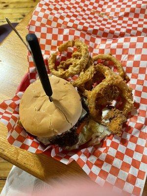 The Hater Burger with upgraded Onion Rings instead of Fries