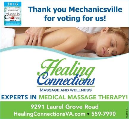 Thank you to our clients for voting us Best Massage in Mechanicsville!