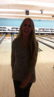 My mom, beating me at bowling!