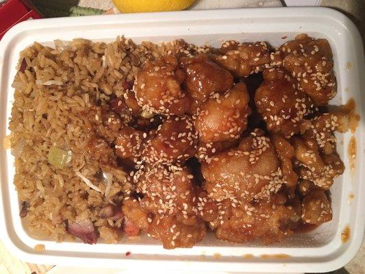 Sesame chicken. Some pieces weren't cooked thoroughly.