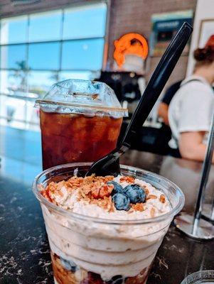 Iced cold brew with Cascara and yummy Oats with Almond butter for bfast..