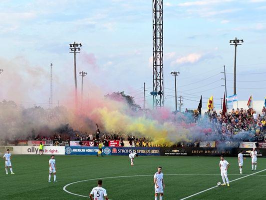 Crowd and soccer players