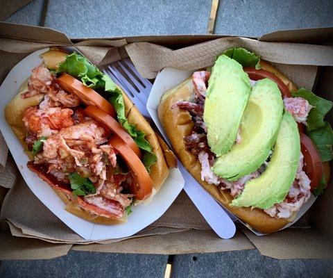 Delicious lobster rolls.  One with salsa and cilantro, one with bacon and avocado!