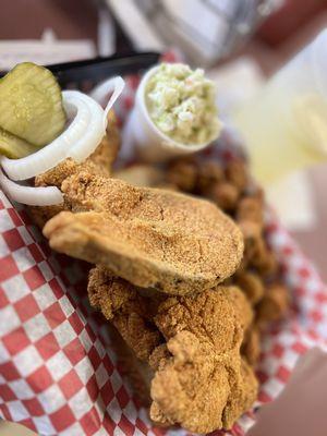 Catfish steaks, coleslaw, and fried okra.