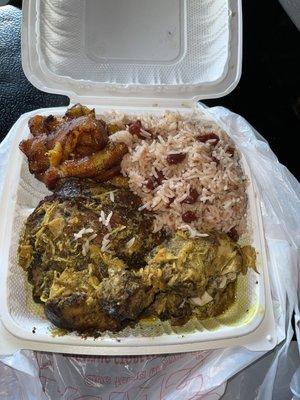 Rice and peas with jerk chicken and curry gravy Fried Plantain