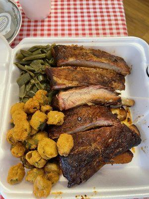 Ribs, fried okra, and green beans