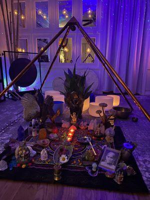 Sacred mesa under a copper pyramid in the studio.