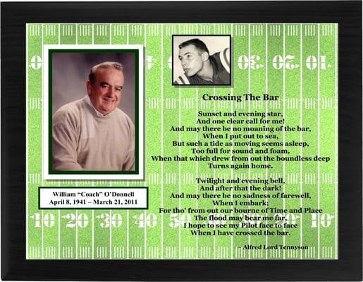 A memorial plaque for the football enthusiast. Over 25 different designs to choose from, or customize your own.