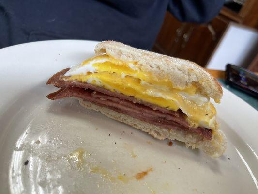 Pork roll, egg, and cheese on an English muffin