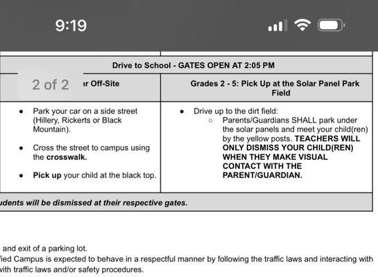 GATES OPEN AT 2:05PM for pick up - They don't even follow this? gates don't even open til 2:10 causing traffic through hillery