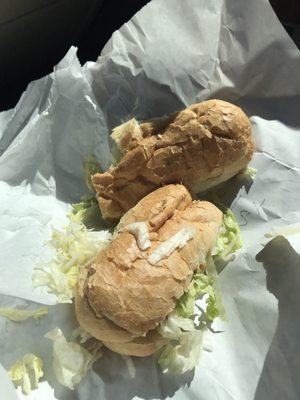 Half-and-half oyster and shrimp poboy.