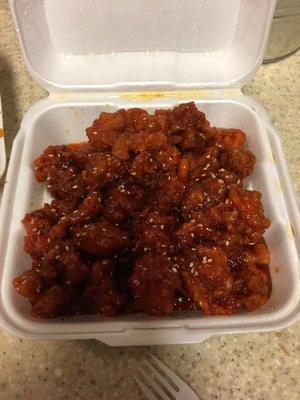 Sesame Chicken- grisly prices of chicken in a "sauce" that IS red but tastes like old, burnt oil.