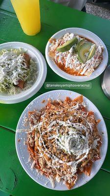 Chilaquiles de Pollo, Tacos Dorados de Pollo, and Entomatadas