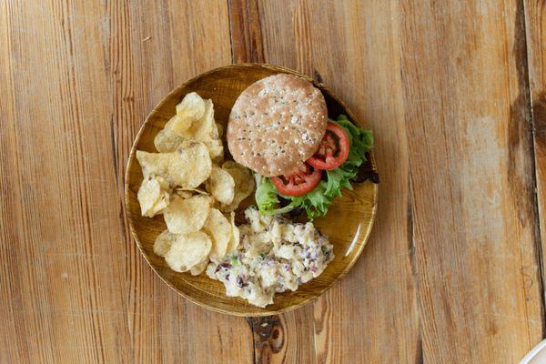 Swine Free BLT with kettle chips and Vegan potato salad