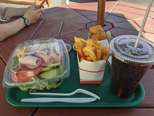 Chef salad, Small Fries, Diet Coke, Broccoli Cheese Bites