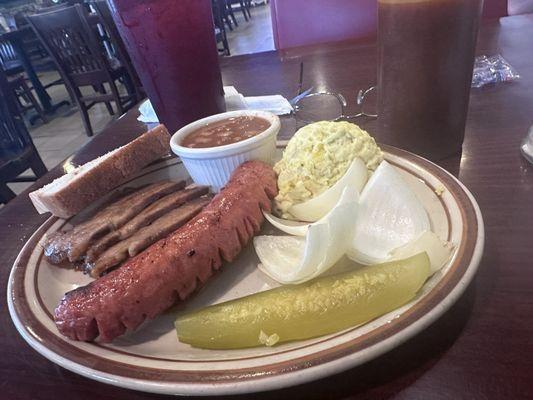 BBQ plate with two meats: Brisket and Sausage