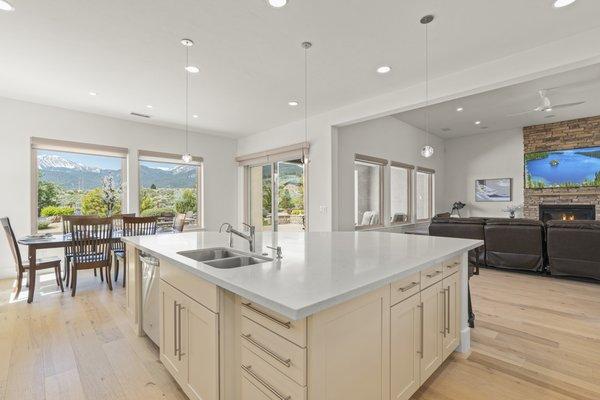 Marble breakfast bar with orb pendant lighting