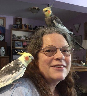 India (on my shoulder) and Buddy (on my head) are satisfied San Francisco Bird Hotel clientele.