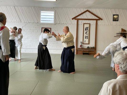 Fleshler Sensei explains a technical point during aikido class.