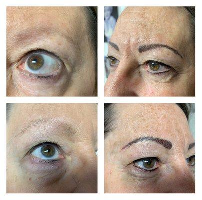 Before and after. Permanent tattooed 3D eyebrows and eyeliner.  Last up to 20 years or longer. Pain free