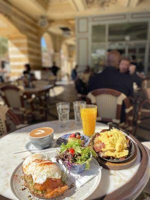 Avocado Toast Lox and Eggs w/ Salad &  Meat Lovers Skillet & Fruit Tart &  Latte Especiale