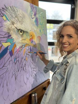 Artist Faye Barber working on a new painting in studio