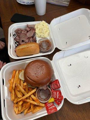 Tray 1- Tri-tip plate, potato salad, side of bbq sauce, and French roll  Tray 2- tri-tip burger, seasoned fries, side of bbq sauce.