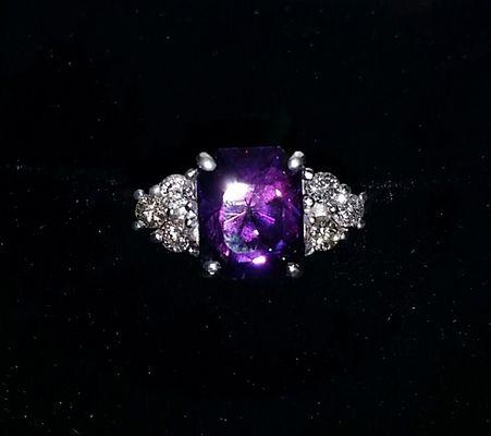 Siberian Amethyst and diamond ring in 14K white gold. Jeff Hicks, GIA Gemologist,  AGS Registered Jeweler, also faceted the stone.