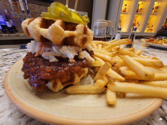 Chicken and waffle sandwhich