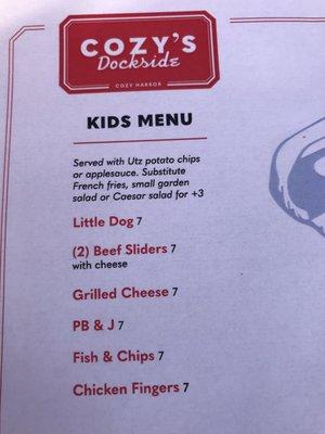 Cozy's Kids Menu