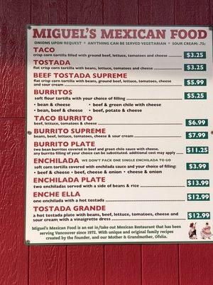 Miguel's menu