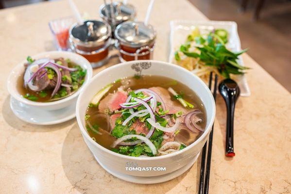 Beef Noodle Soup with thinly sliced eye of round (Pho Tai) and a side of braised short rib