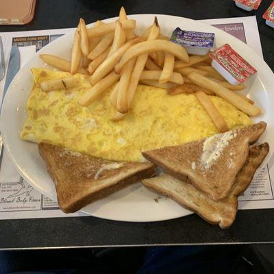 Standard Pearl Street Cheese Omelette (soft), side of Freedom Fries, toast