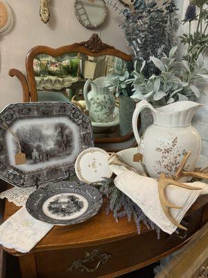 Ironstone platter and water pitcher and bowl.