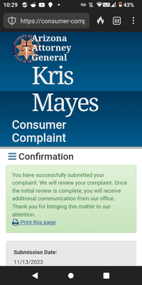 Consumer Complaint submitted to the Arizona Attorney Generals Office on November 13,2023.