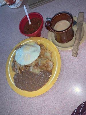 Chilaquiles with egg and beans.