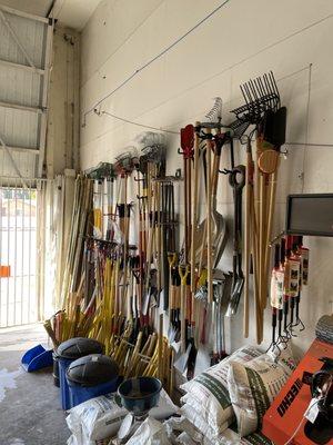 Variety of tools such as rakes, shovels, ax's, etc, and a variety of seed options