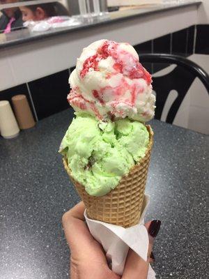 Strawberry Cheesecake on top and Pistachio Almond below on a cone! All for ~$2.25!